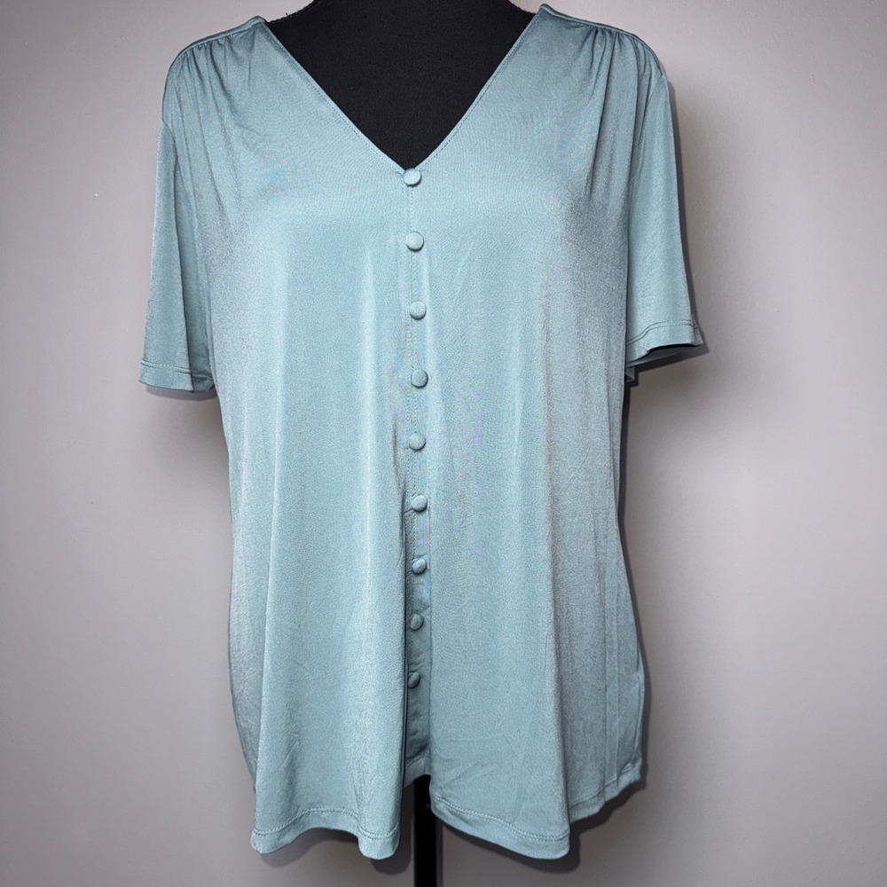 Karl Lagerfeld Paris Womens XL Blue V-Neck Faux Button Front Short Sleeve Blouse